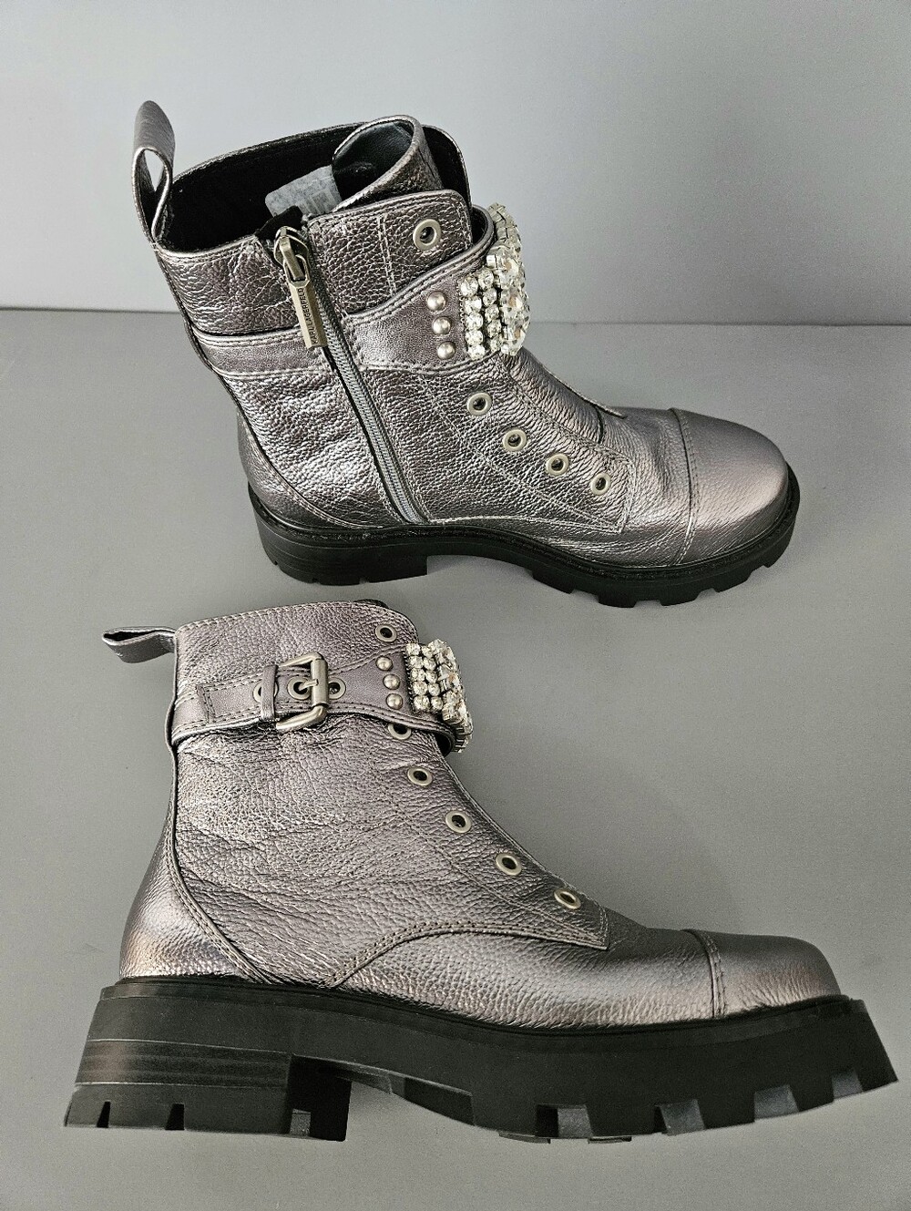 Karl Lagerfeld Size 7 Paris Metallic Leather Combat Boots Crystal Buckle Women's